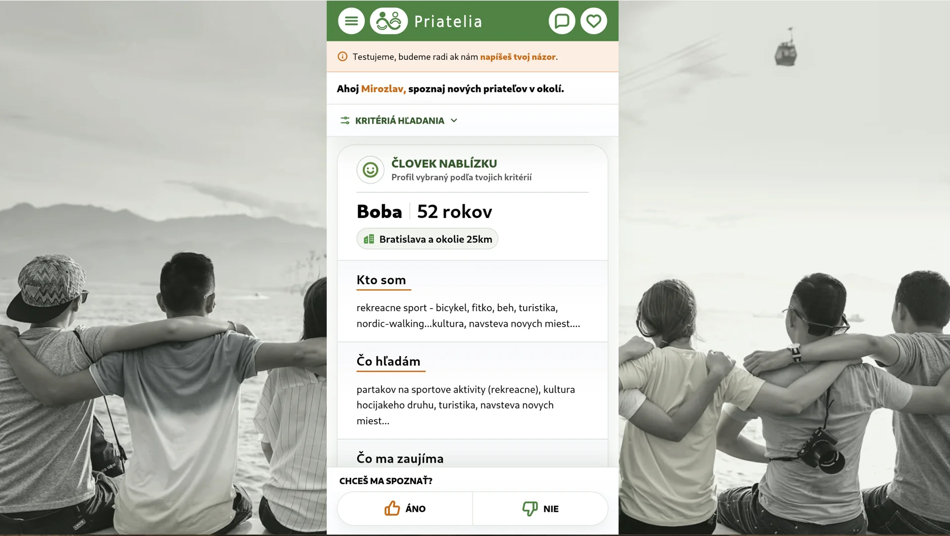 Profil človeka s opisom záľub a sympatií