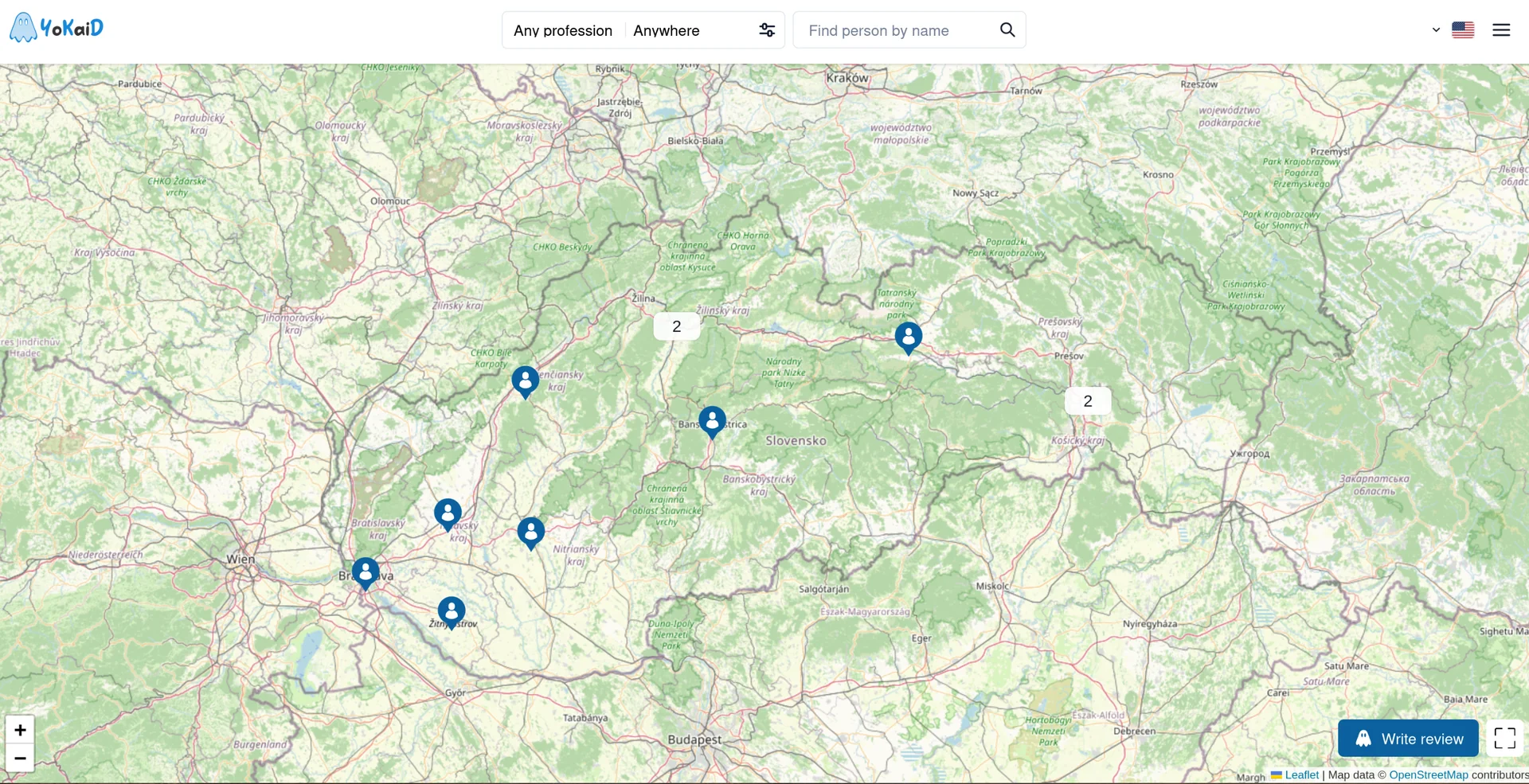 Mapa s profesionálmi v aplikácii Yokaid